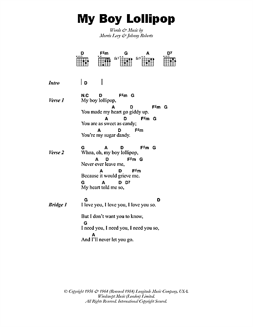 Preview Millie My Boy Lollipop Reggae sheet music, notes and chords for Lyrics & Chords, SKU: 45865 sheet music, piano notes, chords, guitar tabs, score, transpose, transcribe, how to play, guide, download, learn, tutorial, progression, song, artist, awards, billboard, mtv, vh1, tour, single, album, release