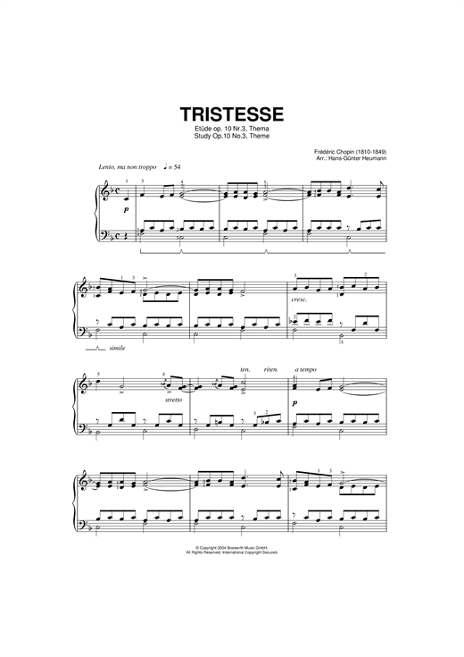 Preview Frederic Chopin Etude in F Major, Op.10, No.3 (Tristesse) Classical sheet music, notes and chords for Piano, SKU: 46178 sheet music, piano notes, chords, guitar tabs, score, transpose, transcribe, how to play, guide, download, learn, tutorial, progression, song, artist, awards, billboard, mtv, vh1, tour, single, album, release