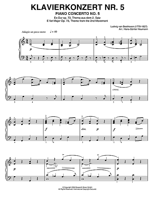 Preview Ludwig van Beethoven Piano Concerto No.5 (Emperor), E Flat Major, Op.73, Theme from the 2nd Movement Classical sheet music, notes and chords for Piano, SKU: 46214 sheet music, piano notes, chords, guitar tabs, score, transpose, transcribe, how to play, guide, download, learn, tutorial, progression, song, artist, awards, billboard, mtv, vh1, tour, single, album, release