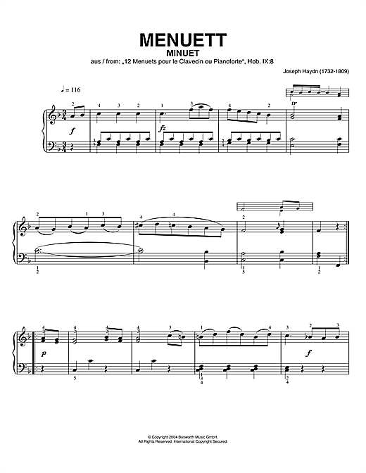 Preview Franz Joseph Haydn Minuet, From 12 Menuets Pour Le Clavecin Ou Pianoforte Classical sheet music, notes and chords for Piano, SKU: 46215 sheet music, piano notes, chords, guitar tabs, score, transpose, transcribe, how to play, guide, download, learn, tutorial, progression, song, artist, awards, billboard, mtv, vh1, tour, single, album, release