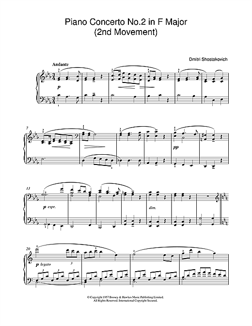 Preview Dmitri Shostakovich Piano Concerto No. 2 in F Major (2nd Movement) Classical sheet music, notes and chords for Piano, SKU: 46605 sheet music, piano notes, chords, guitar tabs, score, transpose, transcribe, how to play, guide, download, learn, tutorial, progression, song, artist, awards, billboard, mtv, vh1, tour, single, album, release