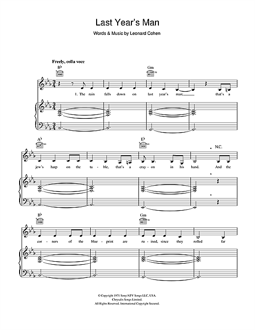 Preview Leonard Cohen Last Year's Man Rock sheet music, notes and chords for Piano, Vocal & Guitar, SKU: 46786 sheet music, piano notes, chords, guitar tabs, score, transpose, transcribe, how to play, guide, download, learn, tutorial, progression, song, artist, awards, billboard, mtv, vh1, tour, single, album, release