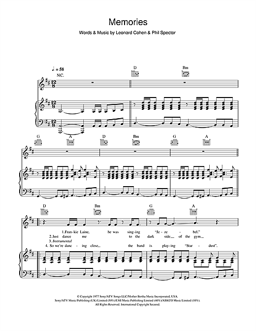 Preview Leonard Cohen Memories Rock sheet music, notes and chords for Piano, Vocal & Guitar, SKU: 46788 sheet music, piano notes, chords, guitar tabs, score, transpose, transcribe, how to play, guide, download, learn, tutorial, progression, song, artist, awards, billboard, mtv, vh1, tour, single, album, release