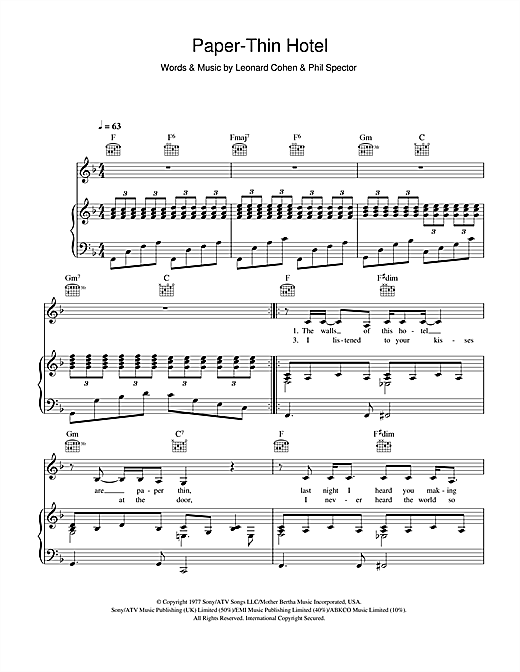 Preview Leonard Cohen Paper-Thin Hotel Rock sheet music, notes and chords for Piano, Vocal & Guitar, SKU: 46804 sheet music, piano notes, chords, guitar tabs, score, transpose, transcribe, how to play, guide, download, learn, tutorial, progression, song, artist, awards, billboard, mtv, vh1, tour, single, album, release