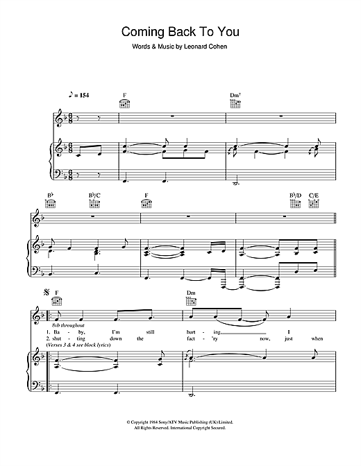 Preview Leonard Cohen Coming Back To You Rock sheet music, notes and chords for Piano, Vocal & Guitar, SKU: 46817 sheet music, piano notes, chords, guitar tabs, score, transpose, transcribe, how to play, guide, download, learn, tutorial, progression, song, artist, awards, billboard, mtv, vh1, tour, single, album, release
