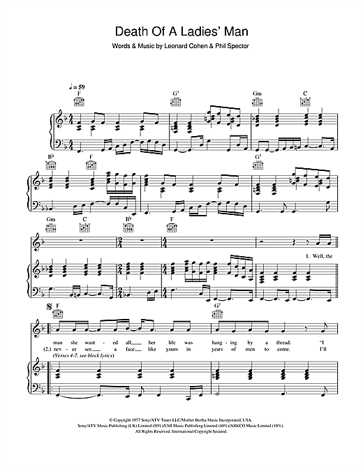 Preview Leonard Cohen Death Of A Ladies' Man Rock sheet music, notes and chords for Piano, Vocal & Guitar, SKU: 46824 sheet music, piano notes, chords, guitar tabs, score, transpose, transcribe, how to play, guide, download, learn, tutorial, progression, song, artist, awards, billboard, mtv, vh1, tour, single, album, release