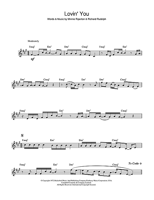 Preview Minnie Riperton Lovin' You Pop sheet music, notes and chords for Saxophone, SKU: 47587 sheet music, piano notes, chords, guitar tabs, score, transpose, transcribe, how to play, guide, download, learn, tutorial, progression, song, artist, awards, billboard, mtv, vh1, tour, single, album, release