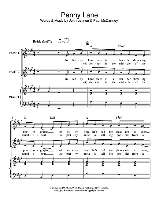 Preview The Beatles Penny Lane (arr. Rick Hein) Rock sheet music, notes and chords for 2-Part Choir, SKU: 47598 sheet music, piano notes, chords, guitar tabs, score, transpose, transcribe, how to play, guide, download, learn, tutorial, progression, song, artist, awards, billboard, mtv, vh1, tour, single, album, release