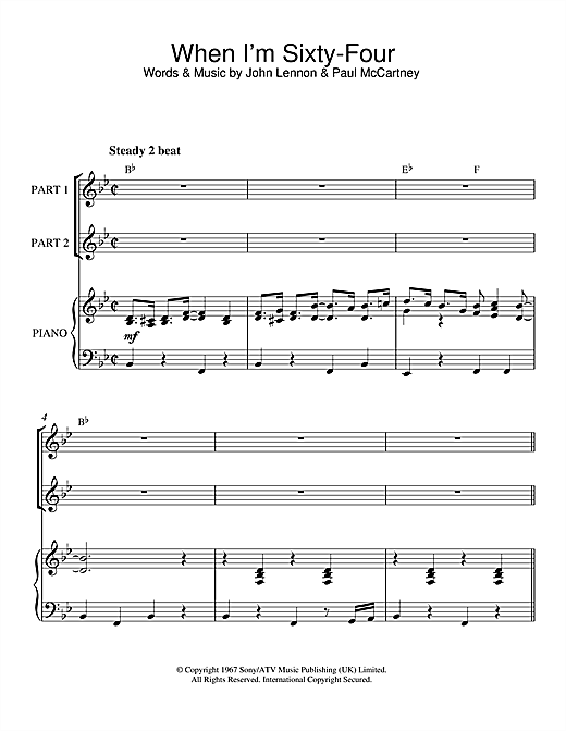 Preview The Beatles When I'm Sixty-Four (arr. Rick Hein) Pop sheet music, notes and chords for 2-Part Choir, SKU: 47600 sheet music, piano notes, chords, guitar tabs, score, transpose, transcribe, how to play, guide, download, learn, tutorial, progression, song, artist, awards, billboard, mtv, vh1, tour, single, album, release