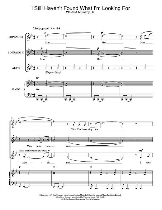 Preview U2 I Still Haven't Found What I'm Looking For (arr. Jeremy Birchall) Pop sheet music, notes and chords for SSA, SKU: 47639 sheet music, piano notes, chords, guitar tabs, score, transpose, transcribe, how to play, guide, download, learn, tutorial, progression, song, artist, awards, billboard, mtv, vh1, tour, single, album, release