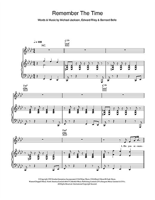 Preview Michael Jackson Remember The Time Pop sheet music, notes and chords for Piano, Vocal & Guitar, SKU: 47694 sheet music, piano notes, chords, guitar tabs, score, transpose, transcribe, how to play, guide, download, learn, tutorial, progression, song, artist, awards, billboard, mtv, vh1, tour, single, album, release