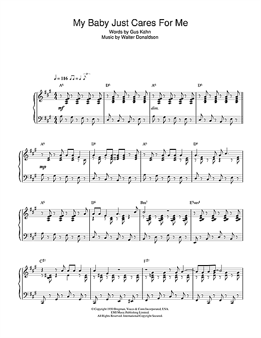 Preview Nina Simone My Baby Just Cares For Me Jazz sheet music, notes and chords for Piano, SKU: 47723 sheet music, piano notes, chords, guitar tabs, score, transpose, transcribe, how to play, guide, download, learn, tutorial, progression, song, artist, awards, billboard, mtv, vh1, tour, single, album, release