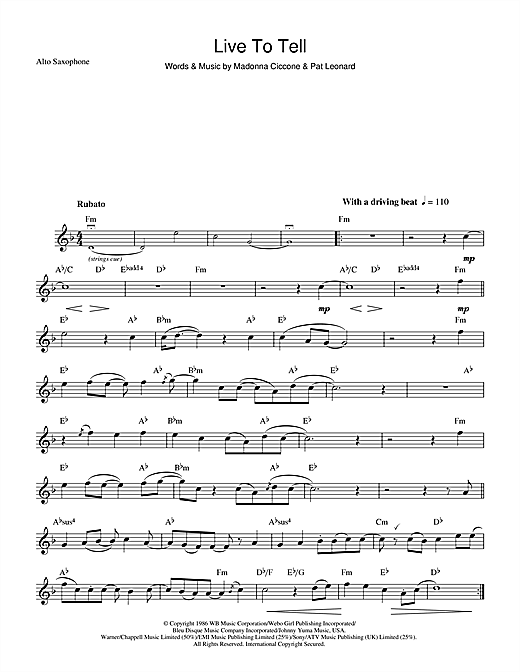 Preview Madonna Live To Tell Pop sheet music, notes and chords for Saxophone, SKU: 48272 sheet music, piano notes, chords, guitar tabs, score, transpose, transcribe, how to play, guide, download, learn, tutorial, progression, song, artist, awards, billboard, mtv, vh1, tour, single, album, release