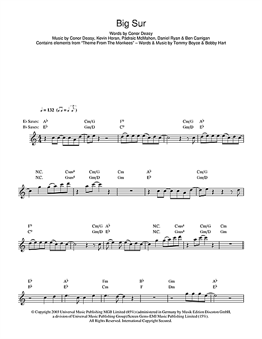 Preview The Thrills Big Sur Rock sheet music, notes and chords for Saxophone, SKU: 48760 sheet music, piano notes, chords, guitar tabs, score, transpose, transcribe, how to play, guide, download, learn, tutorial, progression, song, artist, awards, billboard, mtv, vh1, tour, single, album, release