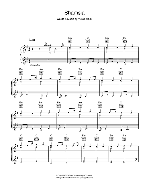 Preview Yusuf Islam Shamsia Pop sheet music, notes and chords for Piano, SKU: 48808 sheet music, piano notes, chords, guitar tabs, score, transpose, transcribe, how to play, guide, download, learn, tutorial, progression, song, artist, awards, billboard, mtv, vh1, tour, single, album, release