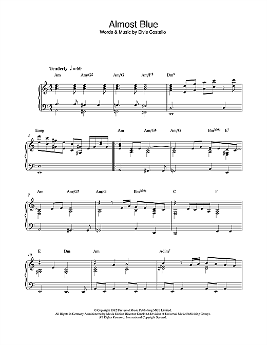 Preview Elvis Costello Almost Blue Rock sheet music, notes and chords for Piano, SKU: 49519 sheet music, piano notes, chords, guitar tabs, score, transpose, transcribe, how to play, guide, download, learn, tutorial, progression, song, artist, awards, billboard, mtv, vh1, tour, single, album, release