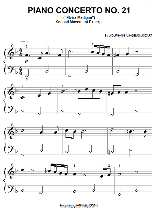 Preview Wolfgang Amadeus Mozart Piano Concerto No.21 in C Major (Elvira Madigan), 2nd Movement Excerpt Classical sheet music, notes and chords for Piano (Big Notes), SKU: 50364 sheet music, piano notes, chords, guitar tabs, score, transpose, transcribe, how to play, guide, download, learn, tutorial, progression, song, artist, awards, billboard, mtv, vh1, tour, single, album, release