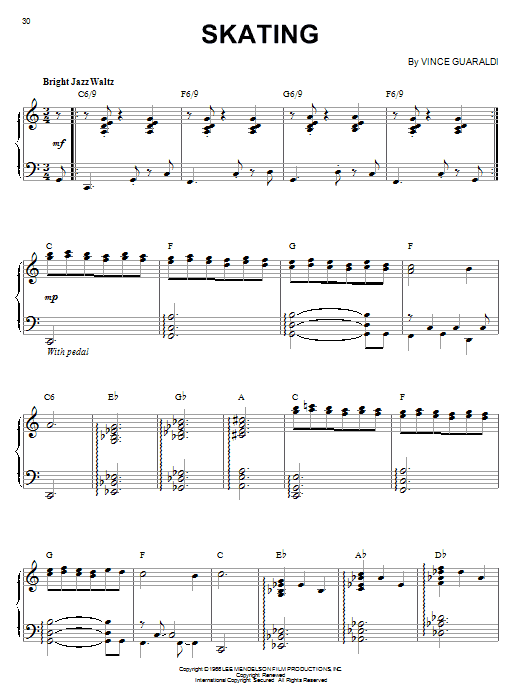 Preview Vince Guaraldi Skating Jazz sheet music, notes and chords for Piano, SKU: 50994 sheet music, piano notes, chords, guitar tabs, score, transpose, transcribe, how to play, guide, download, learn, tutorial, progression, song, artist, awards, billboard, mtv, vh1, tour, single, album, release