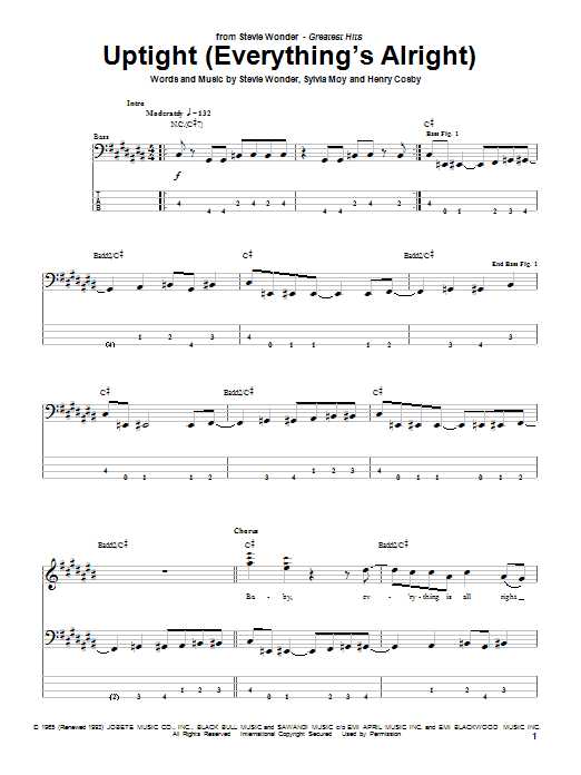 Preview Stevie Wonder Uptight (Everything's Alright) Rock sheet music, notes and chords for Bass Guitar Tab, SKU: 51086 sheet music, piano notes, chords, guitar tabs, score, transpose, transcribe, how to play, guide, download, learn, tutorial, progression, song, artist, awards, billboard, mtv, vh1, tour, single, album, release