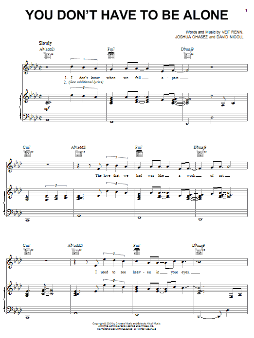 Preview 'N Sync You Don't Have To Be Alone Pop sheet music, notes and chords for Piano, Vocal & Guitar (Right-Hand Melody), SKU: 51454 sheet music, piano notes, chords, guitar tabs, score, transpose, transcribe, how to play, guide, download, learn, tutorial, progression, song, artist, awards, billboard, mtv, vh1, tour, single, album, release