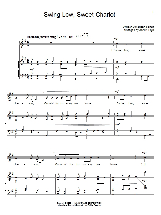 African American Spiritual Swing Low Sweet Chariot Sheet Music Notes Chords Download Printable Piano Vocal Guitar Right Hand Melody Sku