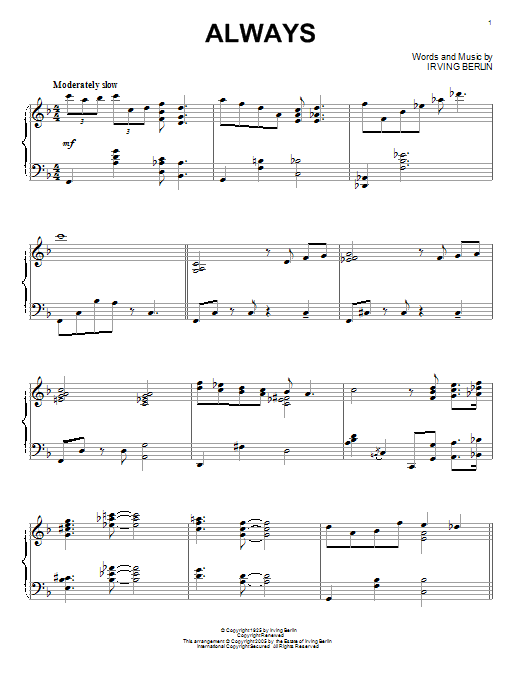 Preview Irving Berlin Always Country sheet music, notes and chords for Piano Solo, SKU: 52461 sheet music, piano notes, chords, guitar tabs, score, transpose, transcribe, how to play, guide, download, learn, tutorial, progression, song, artist, awards, billboard, mtv, vh1, tour, single, album, release