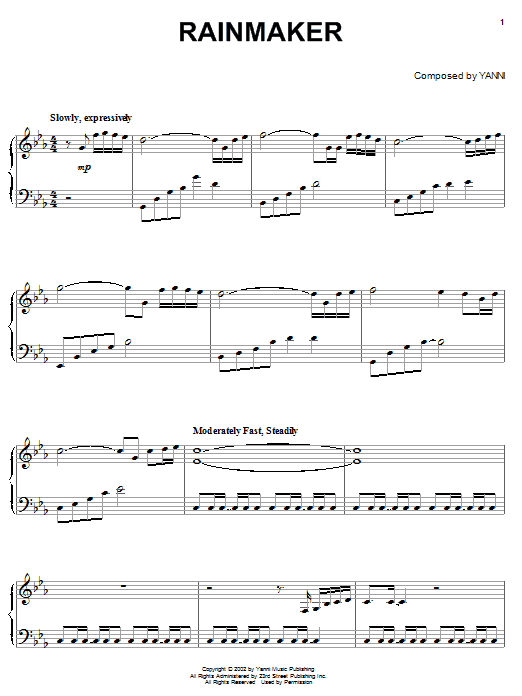 Preview Yanni Rainmaker Pop sheet music, notes and chords for Piano, SKU: 53195 sheet music, piano notes, chords, guitar tabs, score, transpose, transcribe, how to play, guide, download, learn, tutorial, progression, song, artist, awards, billboard, mtv, vh1, tour, single, album, release