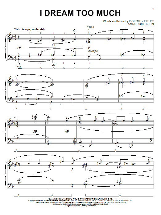Preview Jerome Kern I Dream Too Much Standards sheet music, notes and chords for Piano Solo, SKU: 54200 sheet music, piano notes, chords, guitar tabs, score, transpose, transcribe, how to play, guide, download, learn, tutorial, progression, song, artist, awards, billboard, mtv, vh1, tour, single, album, release