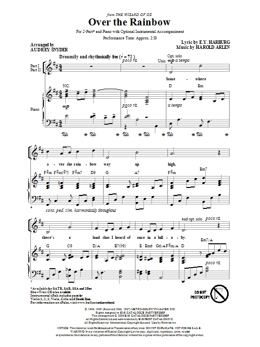 Preview Harold Arlen Over The Rainbow (arr. Audrey Snyder) Concert sheet music, notes and chords for 2-Part Choir, SKU: 54524 sheet music, piano notes, chords, guitar tabs, score, transpose, transcribe, how to play, guide, download, learn, tutorial, progression, song, artist, awards, billboard, mtv, vh1, tour, single, album, release