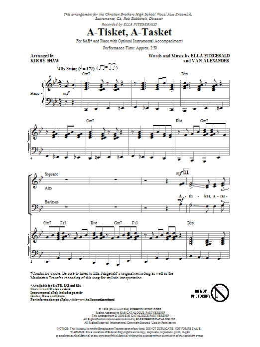 Preview The Manhattan Transfer A-Tisket, A-Tasket (arr. Kirby Shaw) Concert sheet music, notes and chords for SAB, SKU: 54681 sheet music, piano notes, chords, guitar tabs, score, transpose, transcribe, how to play, guide, download, learn, tutorial, progression, song, artist, awards, billboard, mtv, vh1, tour, single, album, release
