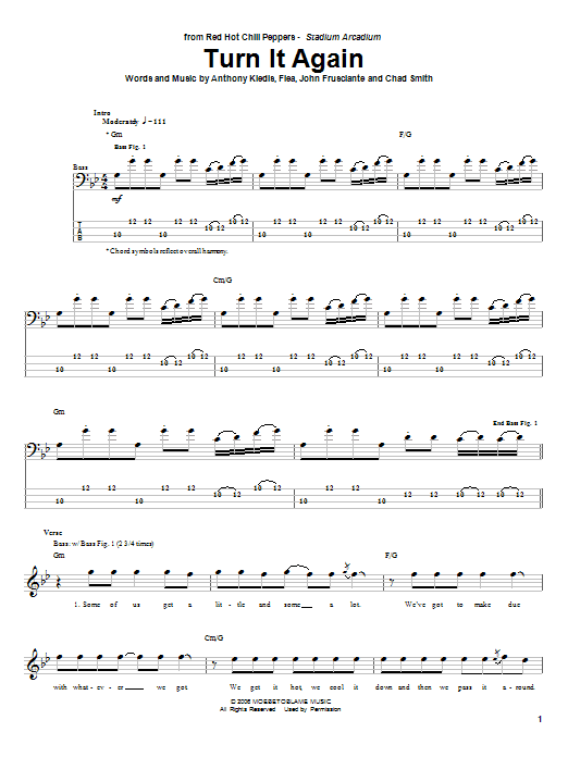 Preview Red Hot Chili Peppers Turn It Again Rock sheet music, notes and chords for Bass Guitar Tab, SKU: 55836 sheet music, piano notes, chords, guitar tabs, score, transpose, transcribe, how to play, guide, download, learn, tutorial, progression, song, artist, awards, billboard, mtv, vh1, tour, single, album, release