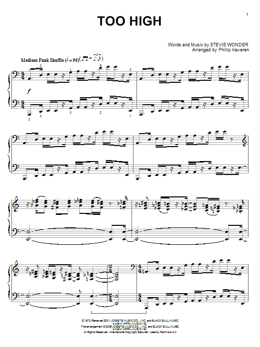 Preview Stevie Wonder Too High Pop sheet music, notes and chords for Piano, SKU: 55843 sheet music, piano notes, chords, guitar tabs, score, transpose, transcribe, how to play, guide, download, learn, tutorial, progression, song, artist, awards, billboard, mtv, vh1, tour, single, album, release