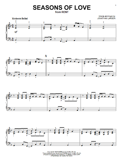 Preview Jonathan Larson Seasons Of Love (from Rent) Film/TV sheet music, notes and chords for Piano Solo, SKU: 55945 sheet music, piano notes, chords, guitar tabs, score, transpose, transcribe, how to play, guide, download, learn, tutorial, progression, song, artist, awards, billboard, mtv, vh1, tour, single, album, release