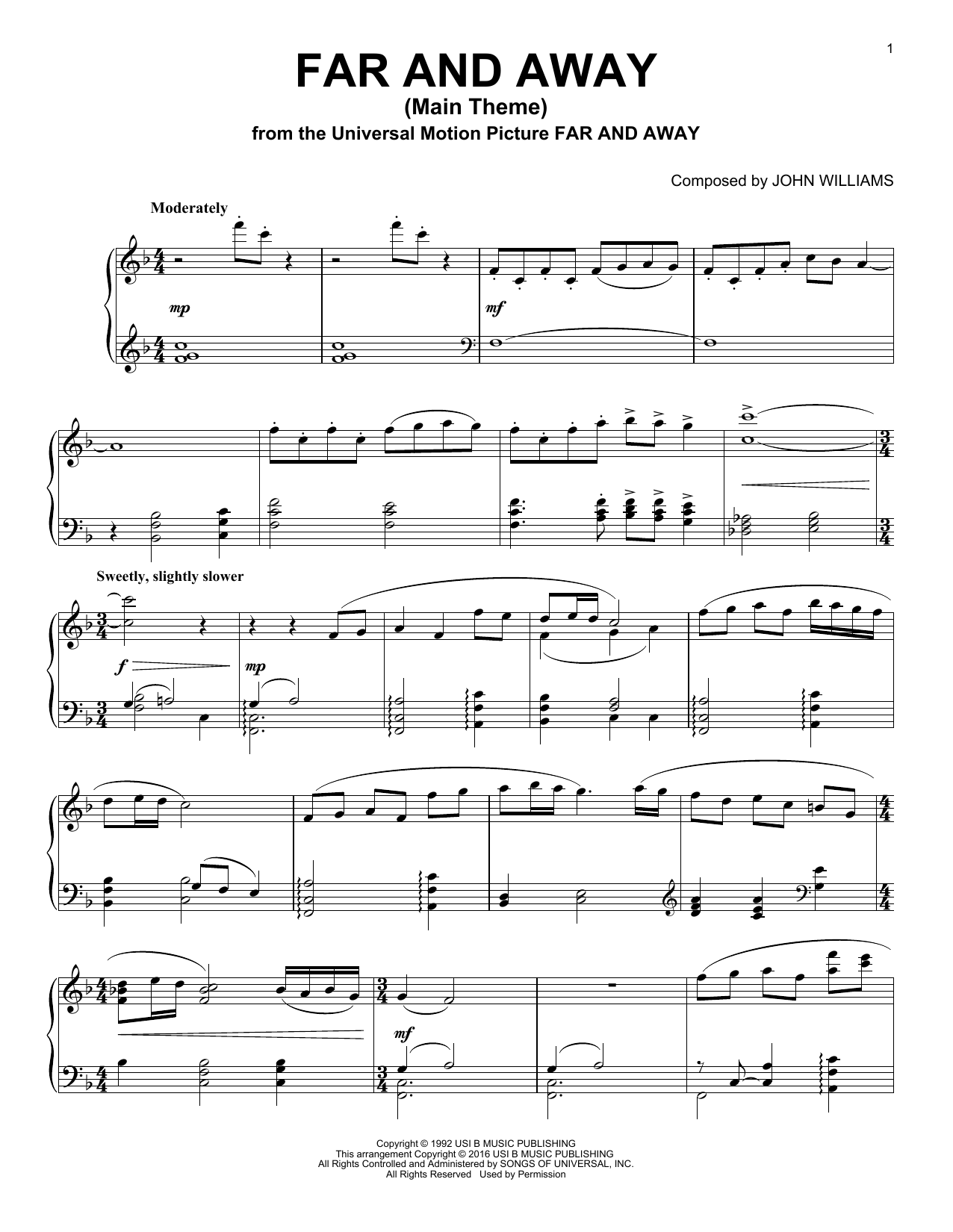 Preview John Williams Far And Away (Main Theme) Film and TV sheet music, notes and chords for Piano, SKU: 56078 sheet music, piano notes, chords, guitar tabs, score, transpose, transcribe, how to play, guide, download, learn, tutorial, progression, song, artist, awards, billboard, mtv, vh1, tour, single, album, release