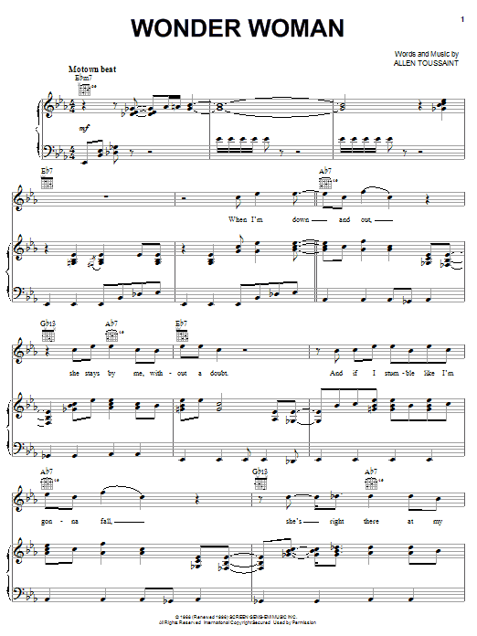 Preview Elvis Costello and Allen Toussaint Wonder Woman Rock sheet music, notes and chords for Piano, Vocal & Guitar (Right-Hand Melody), SKU: 57206 sheet music, piano notes, chords, guitar tabs, score, transpose, transcribe, how to play, guide, download, learn, tutorial, progression, song, artist, awards, billboard, mtv, vh1, tour, single, album, release