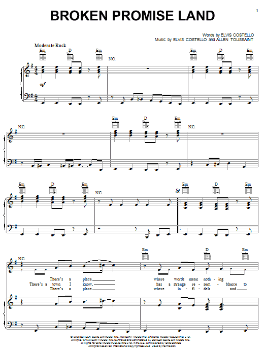 Preview Elvis Costello and Allen Toussaint Broken Promise Land Rock sheet music, notes and chords for Piano, Vocal & Guitar (Right-Hand Melody), SKU: 57215 sheet music, piano notes, chords, guitar tabs, score, transpose, transcribe, how to play, guide, download, learn, tutorial, progression, song, artist, awards, billboard, mtv, vh1, tour, single, album, release