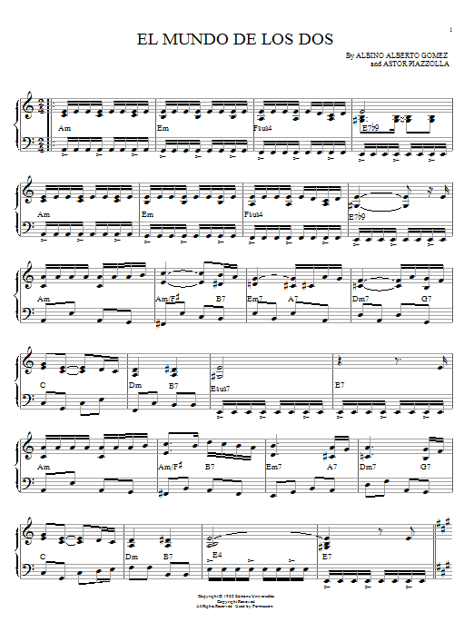 Preview Astor Piazzolla El mundo de los dos Jazz sheet music, notes and chords for Piano, SKU: 58816 sheet music, piano notes, chords, guitar tabs, score, transpose, transcribe, how to play, guide, download, learn, tutorial, progression, song, artist, awards, billboard, mtv, vh1, tour, single, album, release