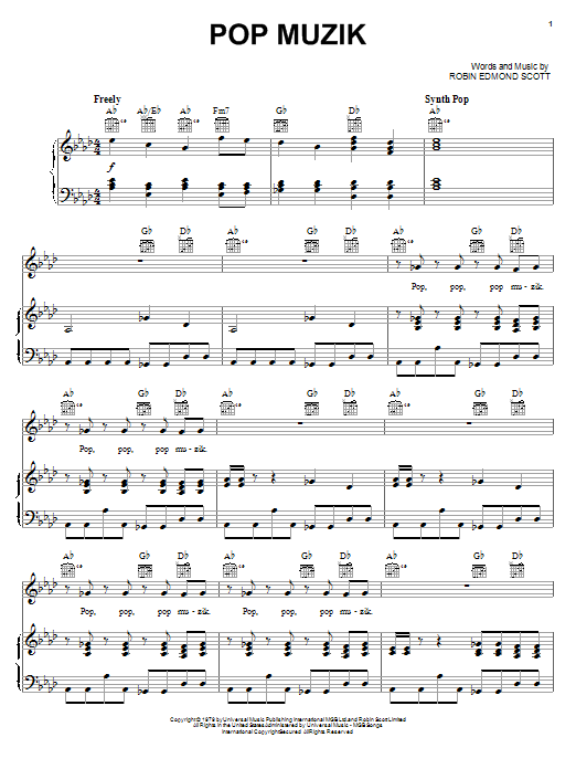 Preview Robin Scott Pop Muzik Pop sheet music, notes and chords for Piano, Vocal & Guitar (Right-Hand Melody), SKU: 59418 sheet music, piano notes, chords, guitar tabs, score, transpose, transcribe, how to play, guide, download, learn, tutorial, progression, song, artist, awards, billboard, mtv, vh1, tour, single, album, release