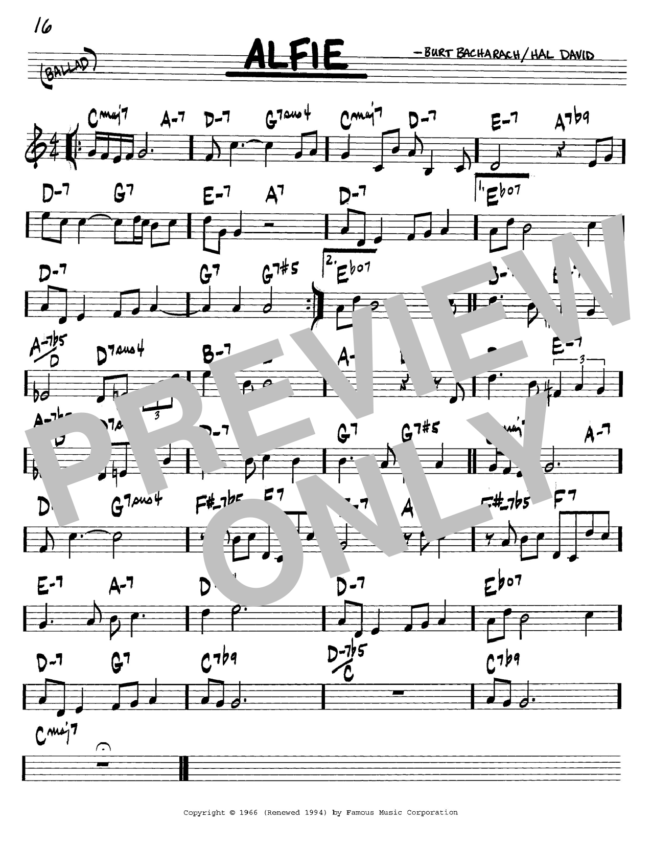 Preview Bacharach & David Alfie Jazz sheet music, notes and chords for Real Book - Melody & Chords - C Instruments, SKU: 59820 sheet music, piano notes, chords, guitar tabs, score, transpose, transcribe, how to play, guide, download, learn, tutorial, progression, song, artist, awards, billboard, mtv, vh1, tour, single, album, release