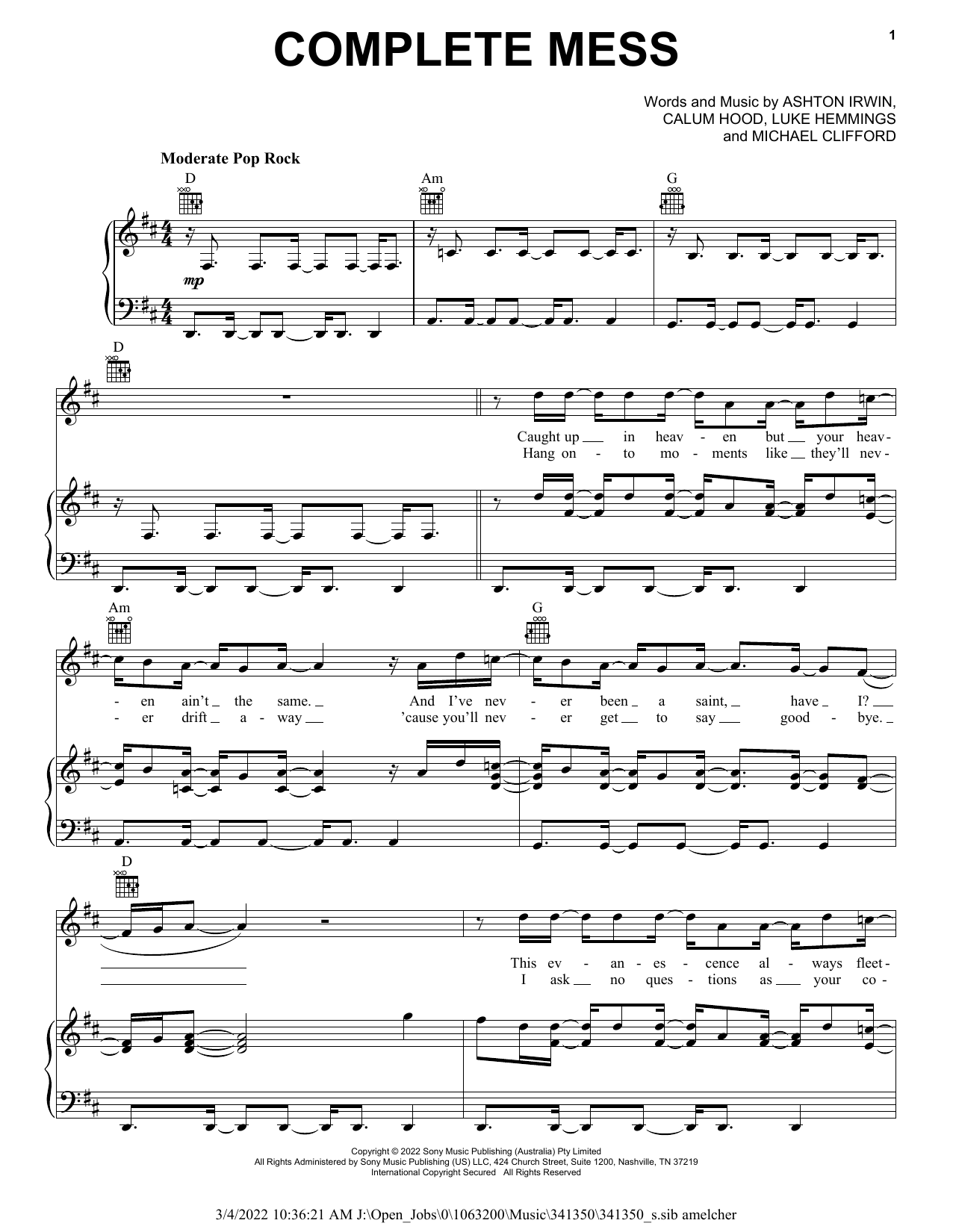 5 Seconds of Summer Complete Mess Sheet Music for Pop Piano, Vocal & Guitar Chords (Right-Hand Melody) including 4 page(s)