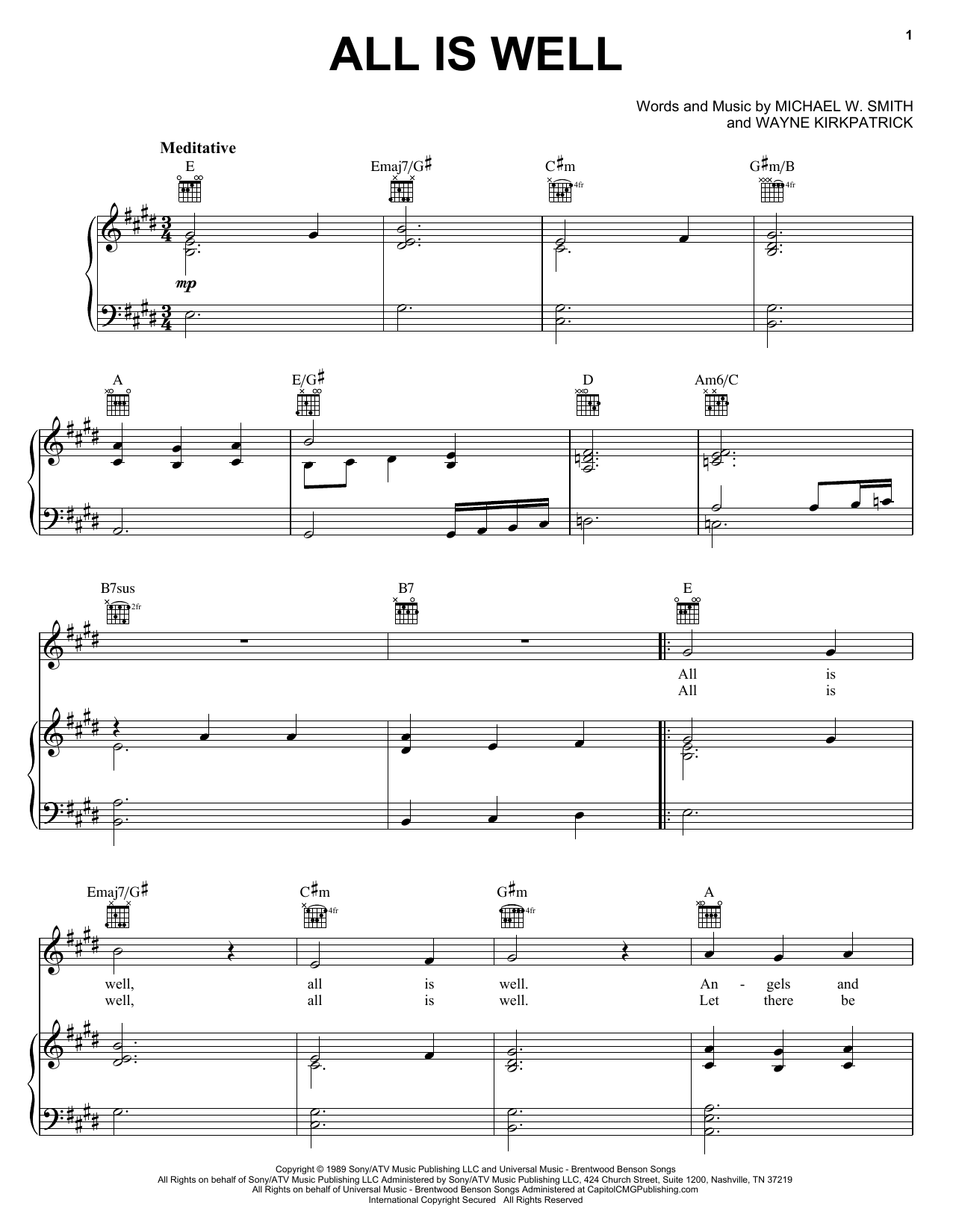 Preview Michael W. Smith All Is Well Religious sheet music, notes and chords for Piano, Vocal & Guitar (Right-Hand Melody), SKU: 62215 sheet music, piano notes, chords, guitar tabs, score, transpose, transcribe, how to play, guide, download, learn, tutorial, progression, song, artist, awards, billboard, mtv, vh1, tour, single, album, release