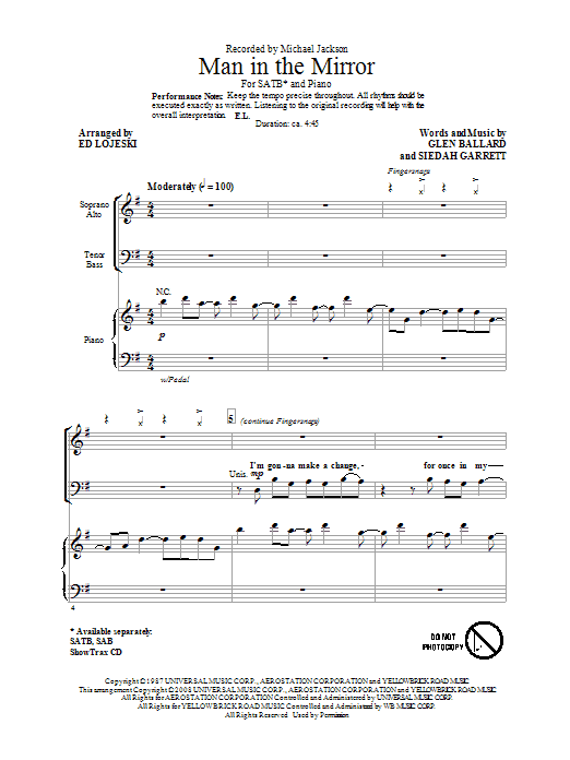 Preview Michael Jackson Man In The Mirror (arr. Ed Lojeski) Rock sheet music, notes and chords for SATB, SKU: 63563 sheet music, piano notes, chords, guitar tabs, score, transpose, transcribe, how to play, guide, download, learn, tutorial, progression, song, artist, awards, billboard, mtv, vh1, tour, single, album, release