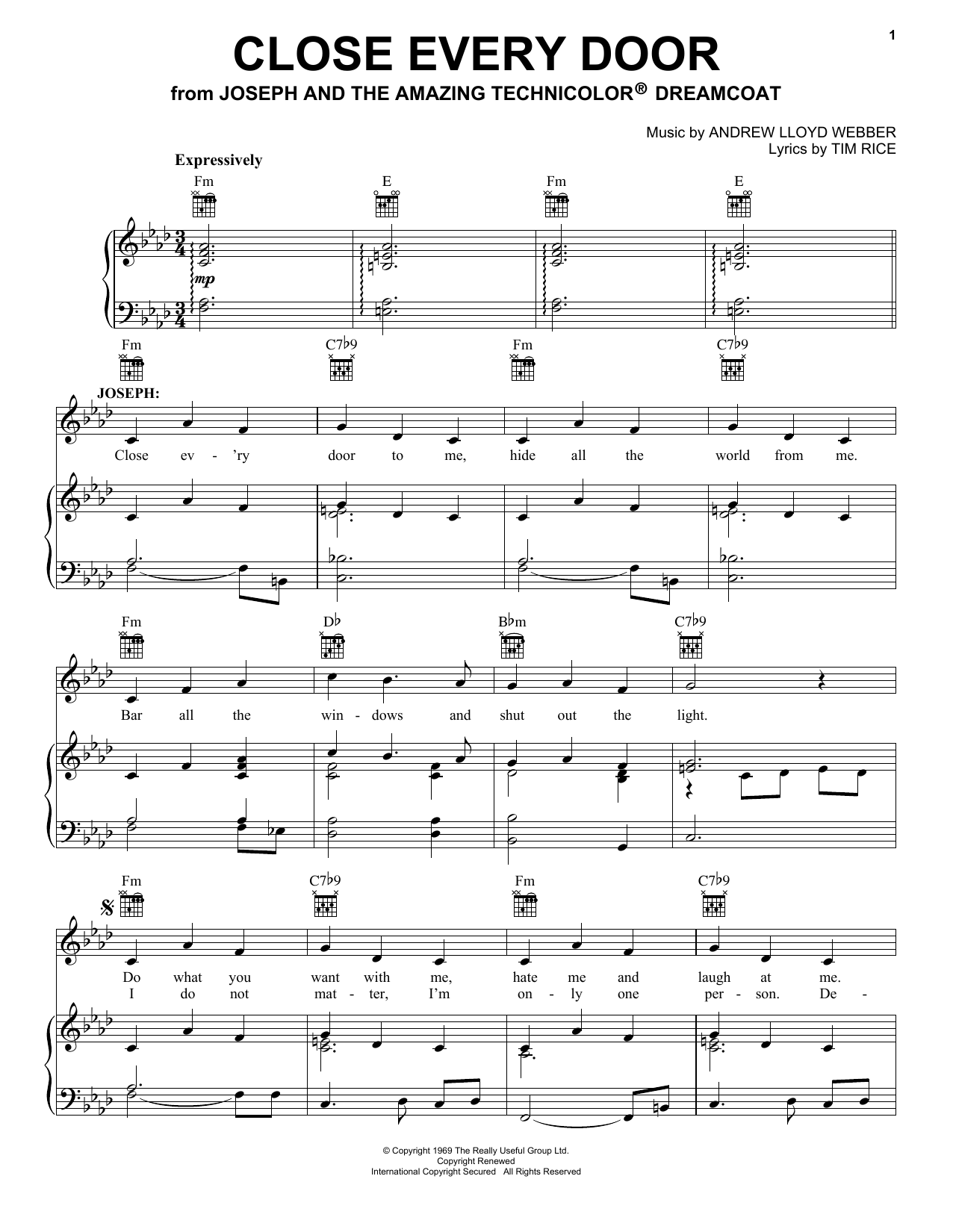 Close Every Door Sheet Music Notes Andrew Lloyd Webber Chords
