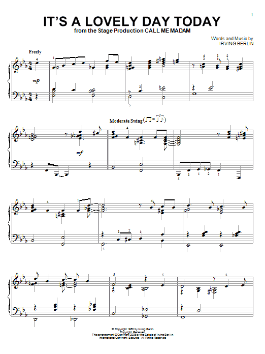 Preview Irving Berlin It's A Lovely Day Today Broadway sheet music, notes and chords for Piano, SKU: 64427 sheet music, piano notes, chords, guitar tabs, score, transpose, transcribe, how to play, guide, download, learn, tutorial, progression, song, artist, awards, billboard, mtv, vh1, tour, single, album, release