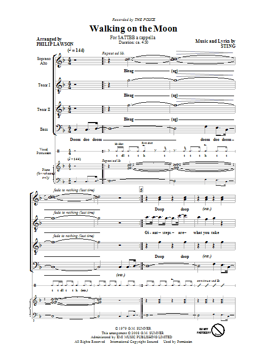 Preview The Police Walking On The Moon (arr. The Police) Pop sheet music, notes and chords for SATB, SKU: 64460 sheet music, piano notes, chords, guitar tabs, score, transpose, transcribe, how to play, guide, download, learn, tutorial, progression, song, artist, awards, billboard, mtv, vh1, tour, single, album, release