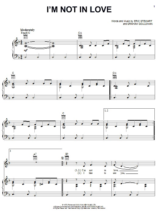 Preview 10cc I'm Not In Love Rock sheet music, notes and chords for Piano, Vocal & Guitar (Right-Hand Melody), SKU: 64523 sheet music, piano notes, chords, guitar tabs, score, transpose, transcribe, how to play, guide, download, learn, tutorial, progression, song, artist, awards, billboard, mtv, vh1, tour, single, album, release