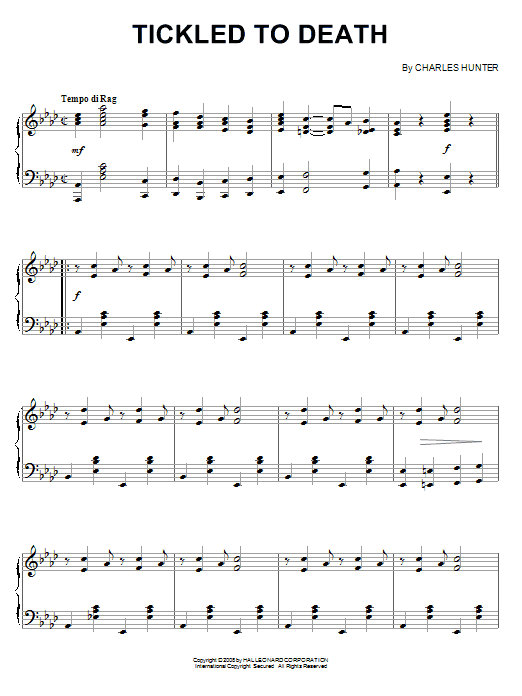Preview Charles Hunter Tickled To Death Jazz sheet music, notes and chords for Piano, SKU: 65751 sheet music, piano notes, chords, guitar tabs, score, transpose, transcribe, how to play, guide, download, learn, tutorial, progression, song, artist, awards, billboard, mtv, vh1, tour, single, album, release