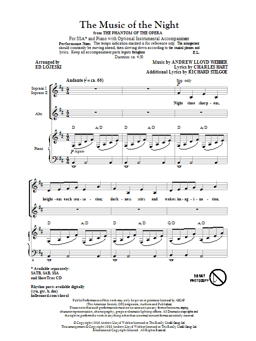 Preview Andrew Lloyd Webber The Music Of The Night (from The Phantom Of The Opera) (arr. Ed Lojeski) Concert sheet music, notes and chords for SSA, SKU: 67112 sheet music, piano notes, chords, guitar tabs, score, transpose, transcribe, how to play, guide, download, learn, tutorial, progression, song, artist, awards, billboard, mtv, vh1, tour, single, album, release