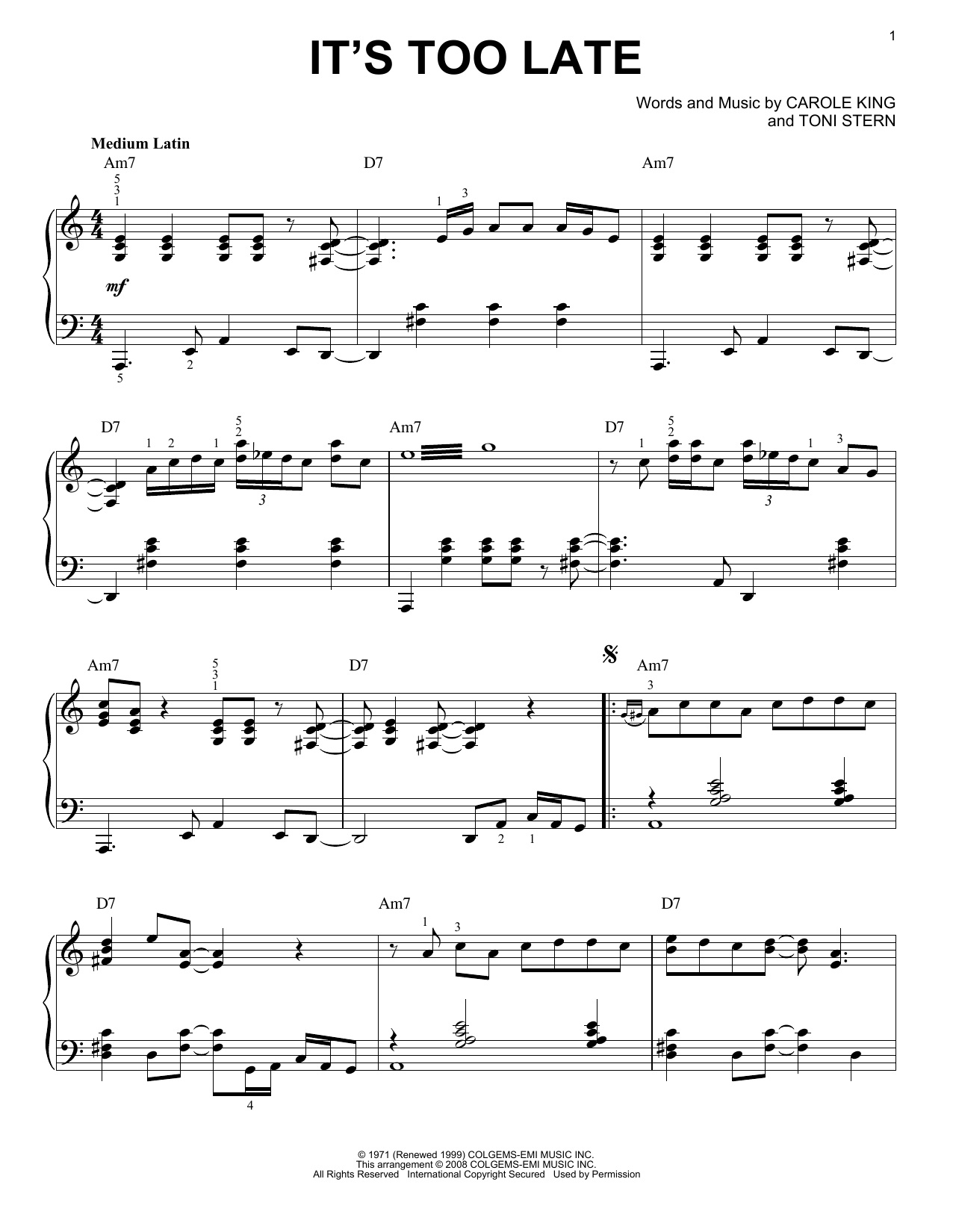 Preview Carole King It's Too Late Rock sheet music, notes and chords for Piano, SKU: 67230 sheet music, piano notes, chords, guitar tabs, score, transpose, transcribe, how to play, guide, download, learn, tutorial, progression, song, artist, awards, billboard, mtv, vh1, tour, single, album, release