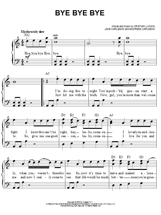 Preview 'N Sync Bye Bye Bye Pop sheet music, notes and chords for Easy Piano, SKU: 67662 sheet music, piano notes, chords, guitar tabs, score, transpose, transcribe, how to play, guide, download, learn, tutorial, progression, song, artist, awards, billboard, mtv, vh1, tour, single, album, release